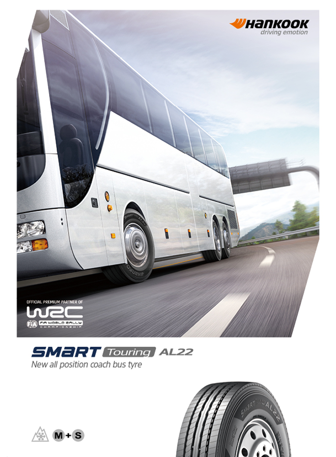 Hankook SmartTouring AL22 coach tyre leaflet featuring a coach bus on the road and a tyre image.