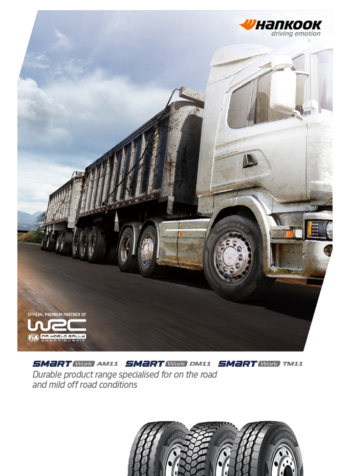 Hankook SmartWork AM11, DM11 and TM11 truck tyre leaflet featuring a heavy-duty truck and three tyre images.
