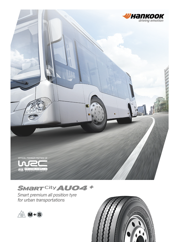 Hankook SmartCity AU04+ urban bus tyre leaflet featuring a city bus on the road and a tyre image.