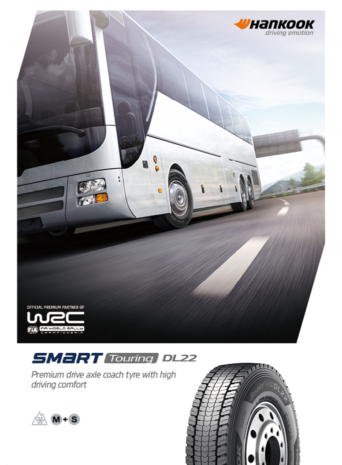 Hankook SmartTouring DL22 drive axle coach tyre leaflet featuring a coach bus on the road and a tyre image.